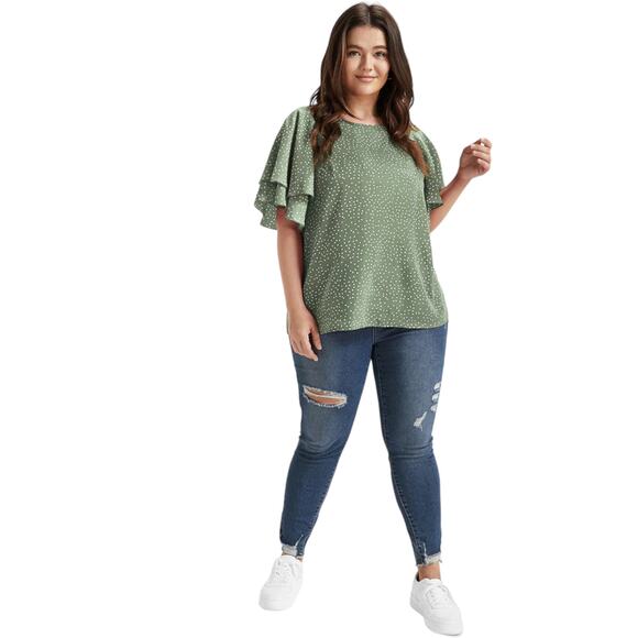 Bloomchic Green White Polka Dot Ruffled Short Sleeve Top Size 16 - Picture 2 of 7